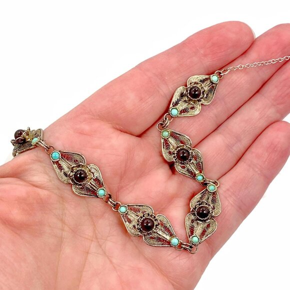 Cannetille Bracelet, Garnet,Sterling Silver, Israel, Wire Work, Filagree, Vintag - Picture 4 of 5